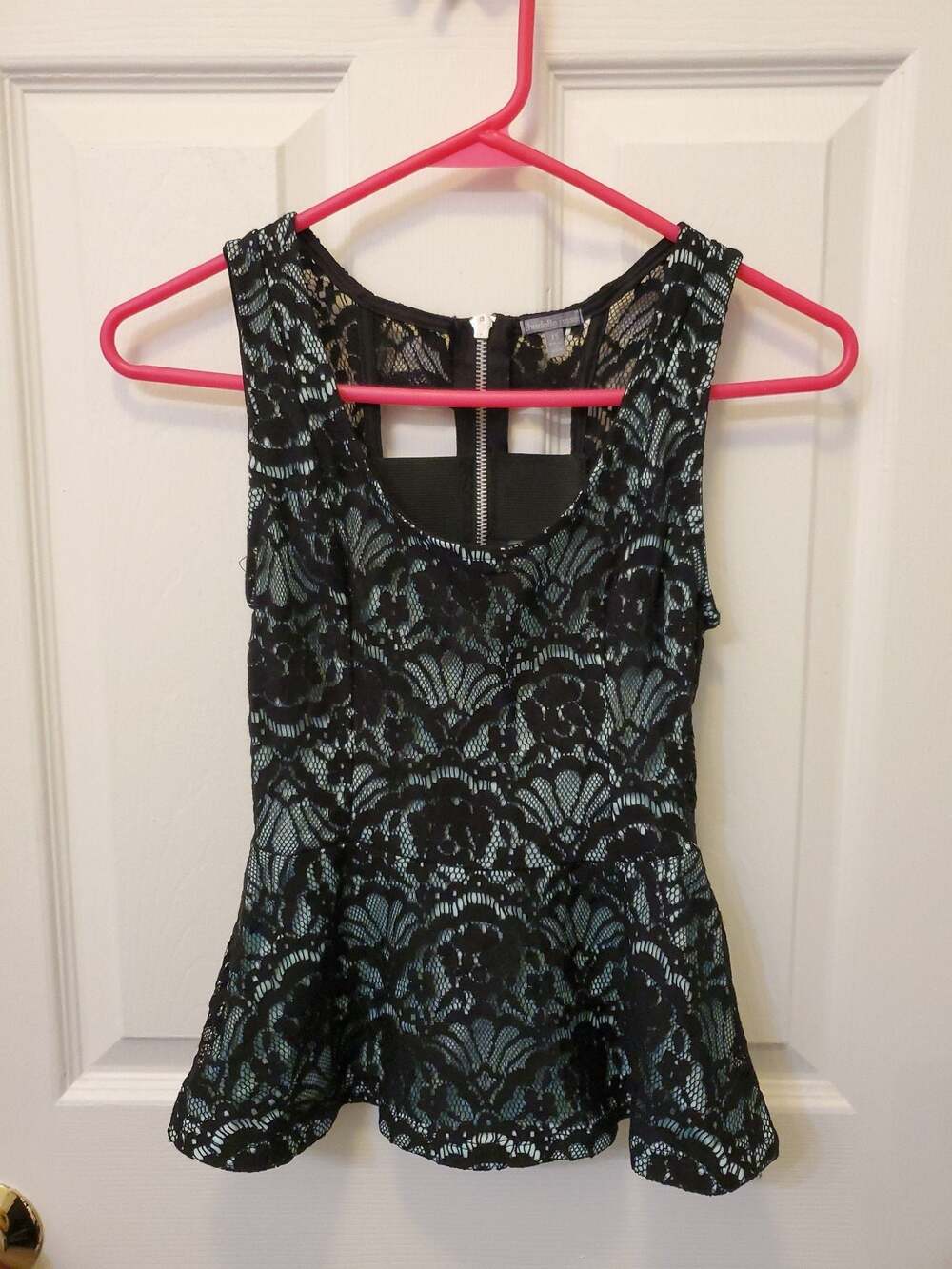 Charlotte Russe Sleeveless Black Lace Peplum Top with Teal Lining and Open Back